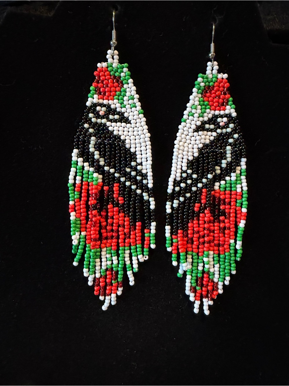 Handmade Seed Bead Red, Green & White Beaded Fringe Earrings
